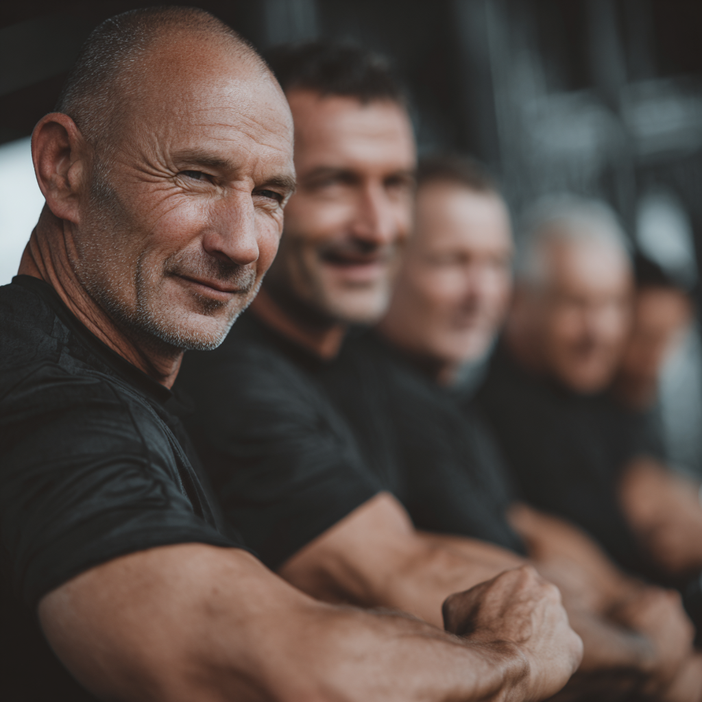 Group of determined middle-aged men training together in supportive community environment