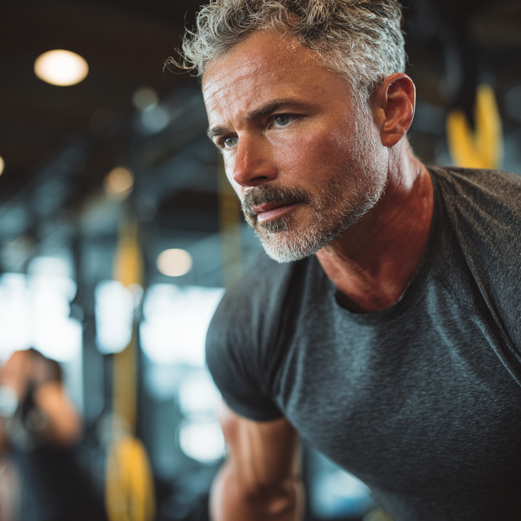 Middle-aged man training with focused determination in modern fitness environment